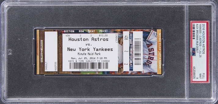 2016 Houston Astros/New York Yankees Full Ticket From Alex Bregmans MLB Debut - PSA MINT 9